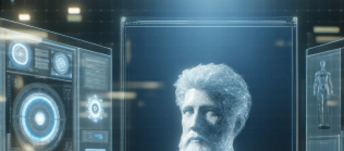 DALL·E 2023-11-13 15.25.12 - An image depicting the concept of a 'Virtual Mentor'. It shows a futuristic, virtual reality environment with a holographic figure representing the me