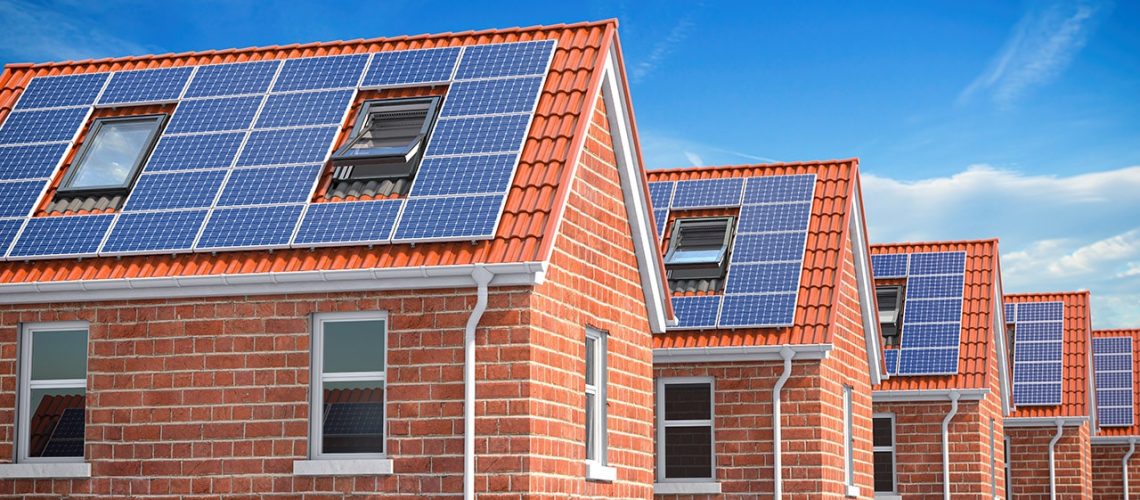 Row of house with solar panels on roof  on blue sky background. 3d illustration